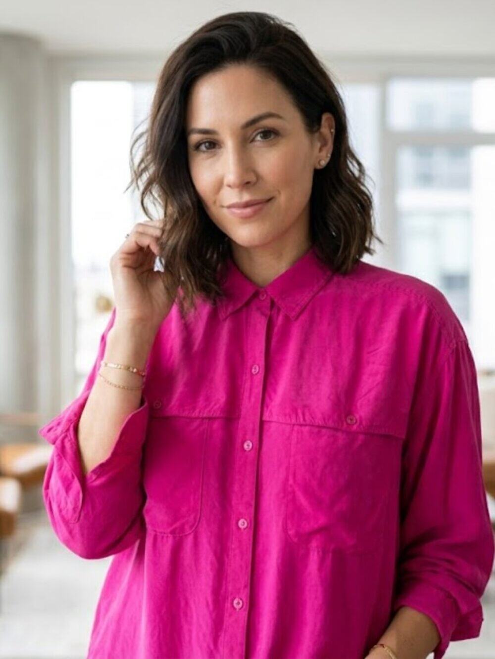 info USA 100%   Silk Fuchsia Button Up Utility Shirt Pocket Blouse L